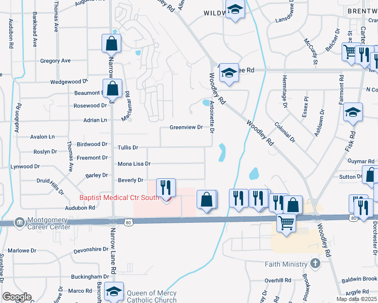 map of restaurants, bars, coffee shops, grocery stores, and more near 2161 Tullis Drive in Montgomery