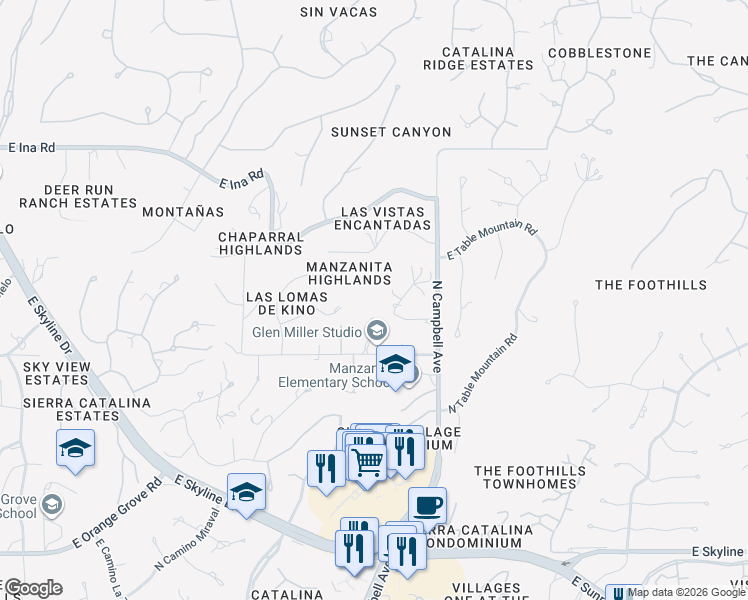 map of restaurants, bars, coffee shops, grocery stores, and more near 3015 East Manzanita Ridge Place in Tucson