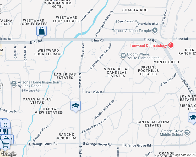 map of restaurants, bars, coffee shops, grocery stores, and more near 830 East Vía Linterna in Tucson