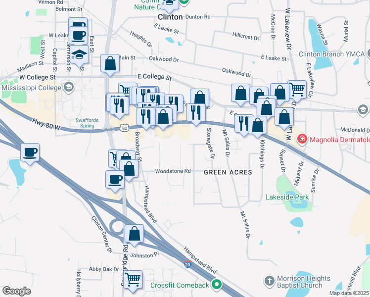 map of restaurants, bars, coffee shops, grocery stores, and more near 121 Woodstone Place in Clinton