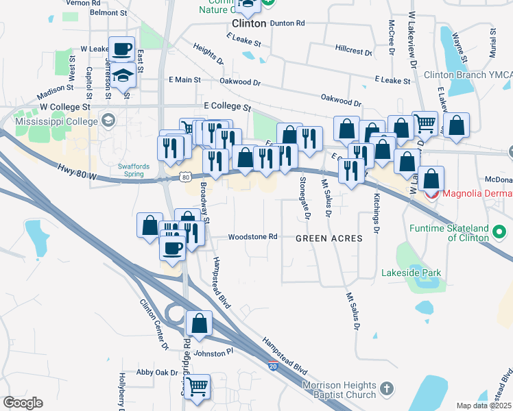map of restaurants, bars, coffee shops, grocery stores, and more near 121 Woodstone Place in Clinton