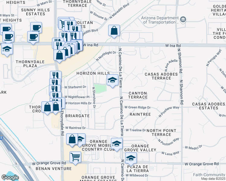 map of restaurants, bars, coffee shops, grocery stores, and more near 6901 North Camino De La Tierra in Tucson