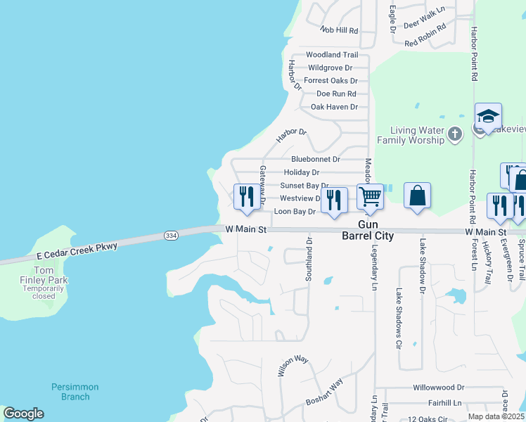 map of restaurants, bars, coffee shops, grocery stores, and more near 172 Loon Bay Drive in Gun Barrel City