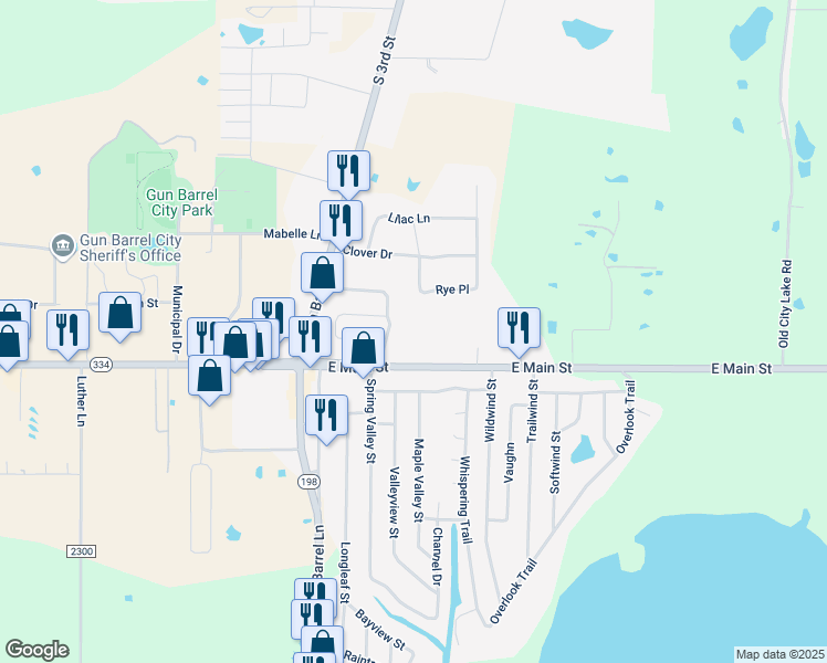 map of restaurants, bars, coffee shops, grocery stores, and more near 322 East Main Street in Gun Barrel City