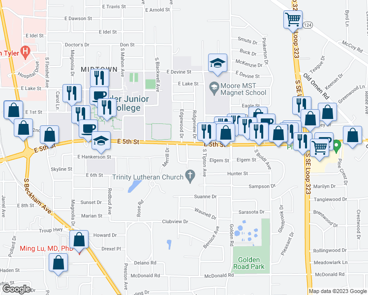 map of restaurants, bars, coffee shops, grocery stores, and more near 1921 East 5th Street in Tyler