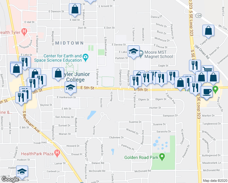 map of restaurants, bars, coffee shops, grocery stores, and more near 1602 Merrill Drive in Tyler