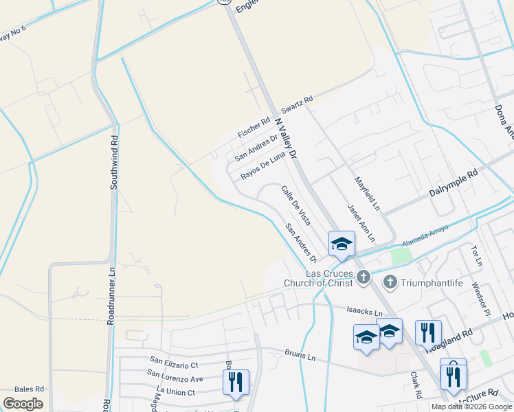 map of restaurants, bars, coffee shops, grocery stores, and more near 2540 San Andres Drive in Las Cruces