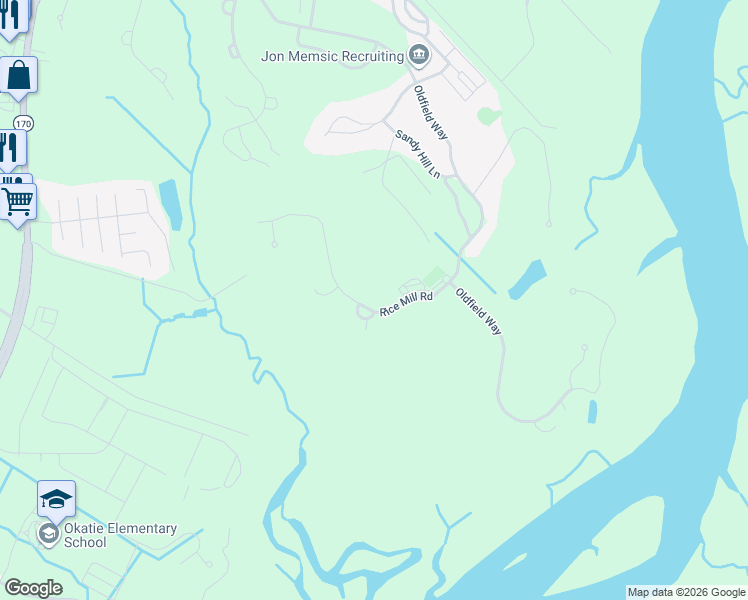 map of restaurants, bars, coffee shops, grocery stores, and more near 4 Rice Mill Rd in Bluffton
