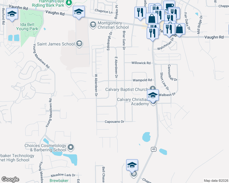 map of restaurants, bars, coffee shops, grocery stores, and more near 2213 Edinburgh Dr in Montgomery