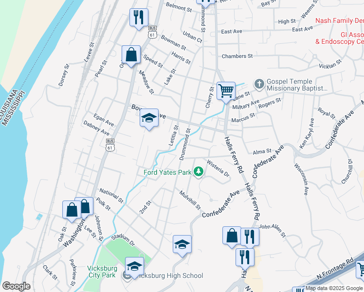 map of restaurants, bars, coffee shops, grocery stores, and more near 2728 Drummond Street in Vicksburg