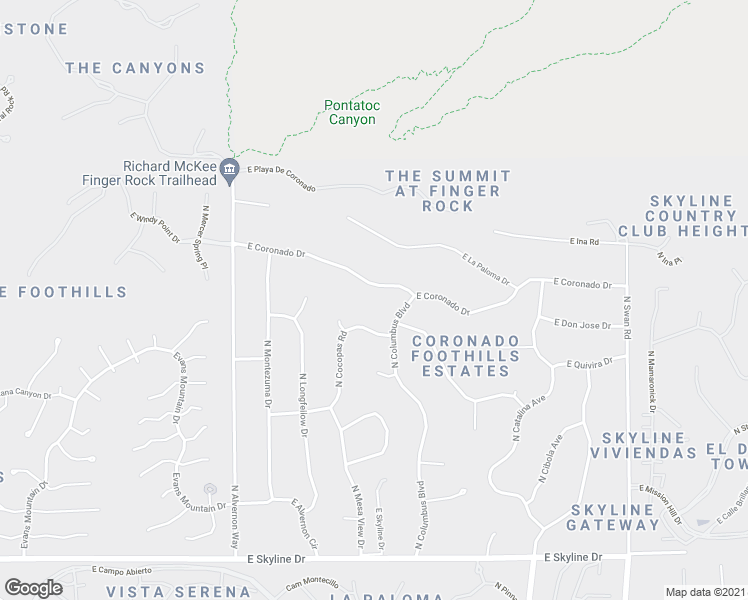 map of restaurants, bars, coffee shops, grocery stores, and more near 4162 East Coronado Drive in Tucson