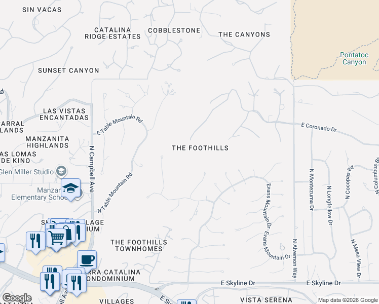 map of restaurants, bars, coffee shops, grocery stores, and more near 3505 East Windy Point Drive in Tucson