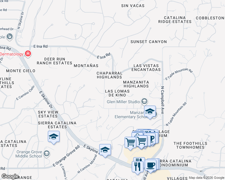 map of restaurants, bars, coffee shops, grocery stores, and more near 6911 North Ozona Drive in Tucson