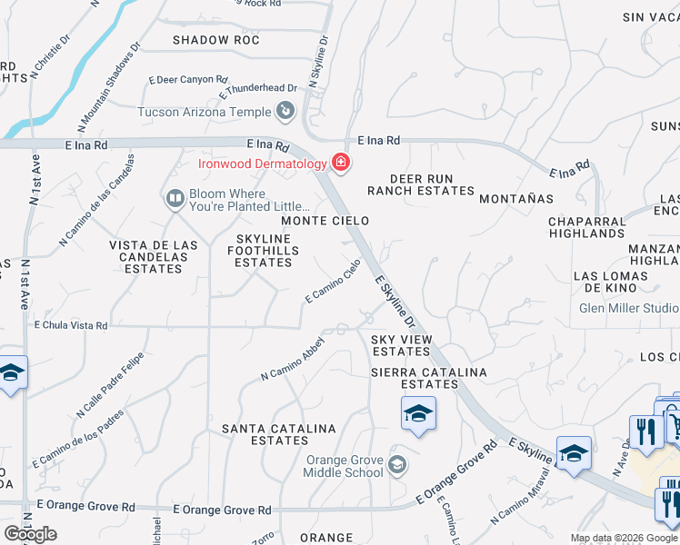 map of restaurants, bars, coffee shops, grocery stores, and more near 1795 East Camino Cielo in Tucson