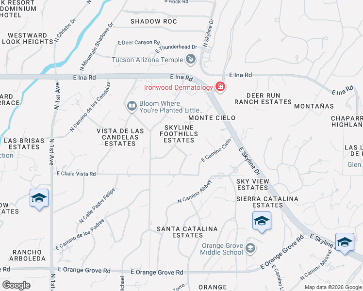 map of restaurants, bars, coffee shops, grocery stores, and more near 6946 North Stardust Circle in Tucson
