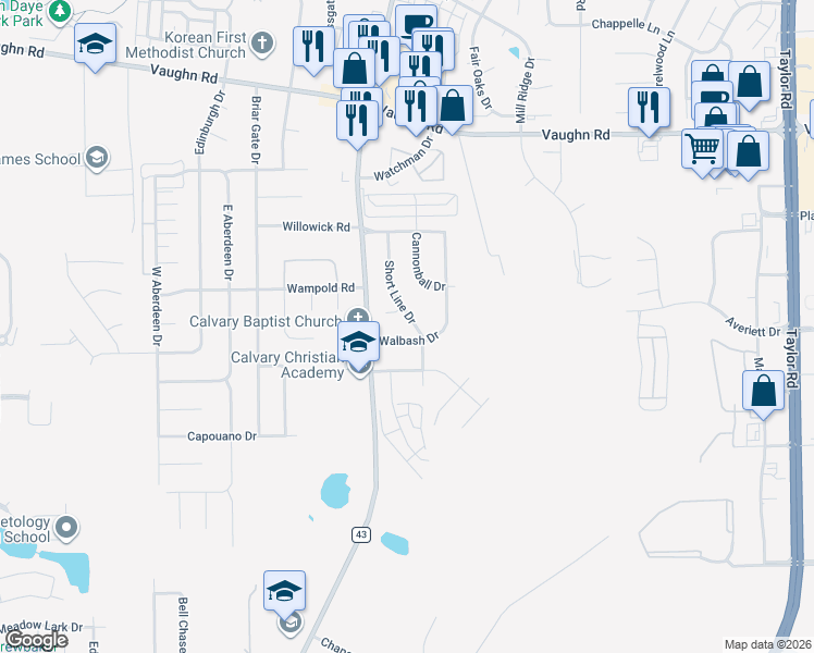 map of restaurants, bars, coffee shops, grocery stores, and more near 6918 Short Line Circle in Montgomery
