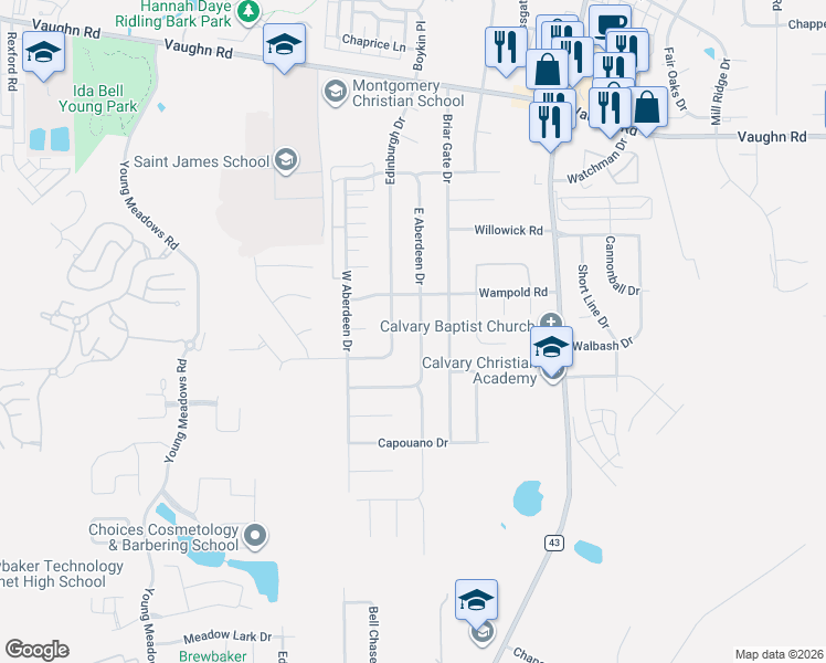 map of restaurants, bars, coffee shops, grocery stores, and more near 2213 Edinburgh Dr in Montgomery