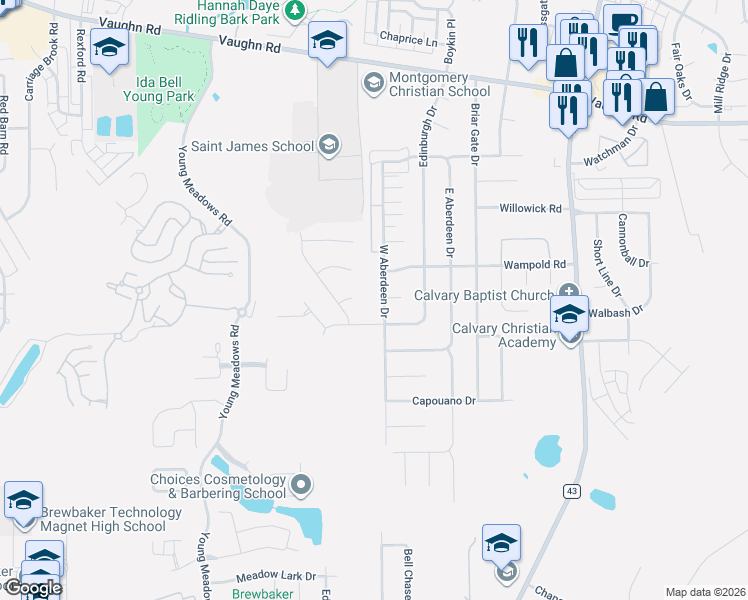 map of restaurants, bars, coffee shops, grocery stores, and more near 6721 Sansone Court in Montgomery