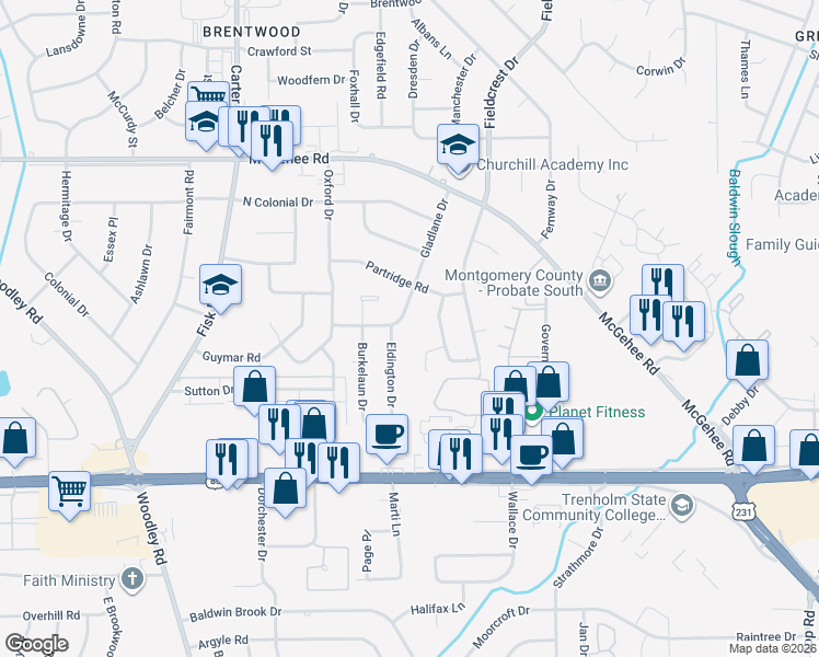 map of restaurants, bars, coffee shops, grocery stores, and more near 2626 Gladlane Drive in Montgomery