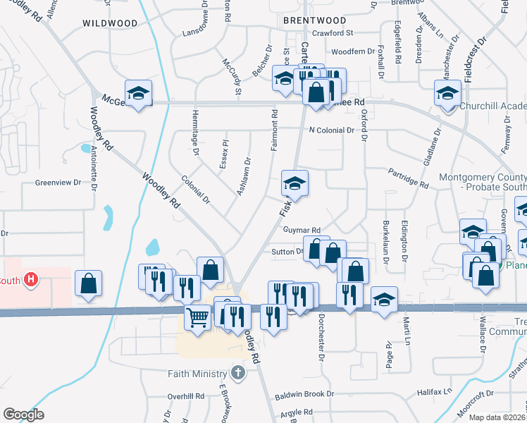 map of restaurants, bars, coffee shops, grocery stores, and more near 2709 Fairmont Road in Montgomery