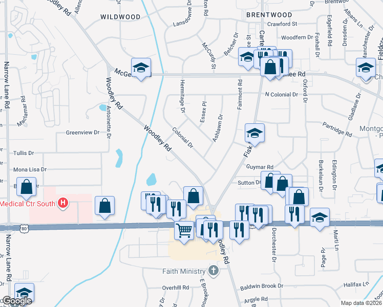 map of restaurants, bars, coffee shops, grocery stores, and more near 2837 Colonial Drive in Montgomery
