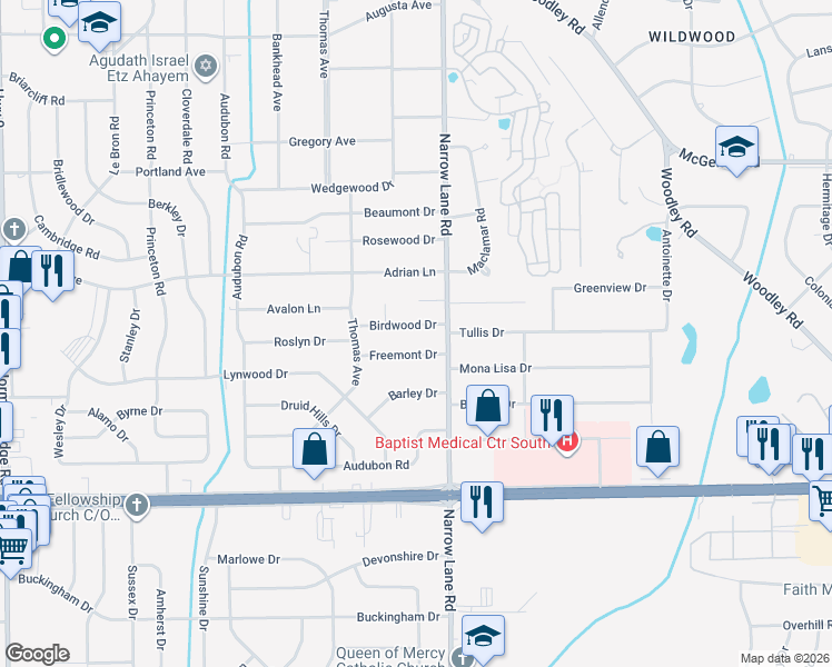 map of restaurants, bars, coffee shops, grocery stores, and more near 1161 Birdwood Drive in Montgomery