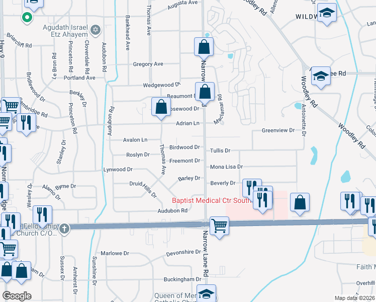 map of restaurants, bars, coffee shops, grocery stores, and more near 1161 Birdwood Drive in Montgomery