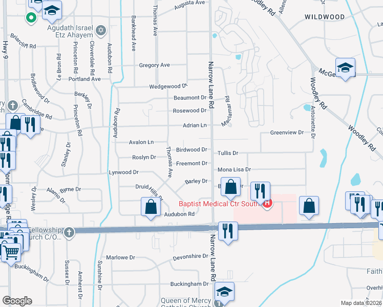map of restaurants, bars, coffee shops, grocery stores, and more near 1100-1198 Birdwood Ct in Montgomery