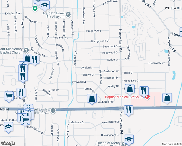 map of restaurants, bars, coffee shops, grocery stores, and more near 1364 Avalon Lane in Montgomery