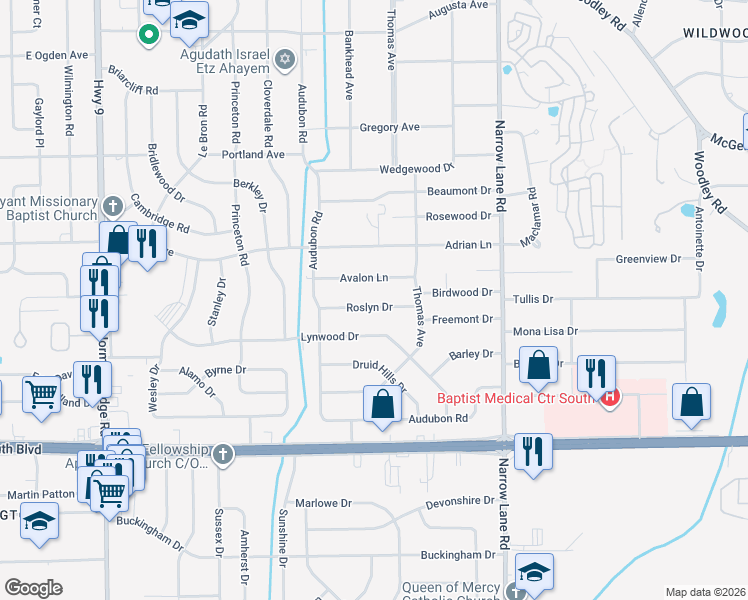 map of restaurants, bars, coffee shops, grocery stores, and more near 1364 Avalon Lane in Montgomery