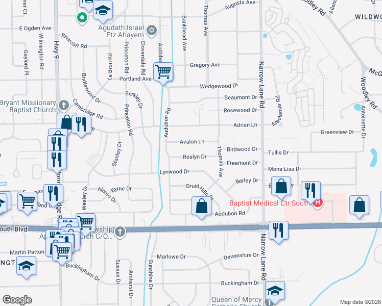 map of restaurants, bars, coffee shops, grocery stores, and more near 1364 Avalon Lane in Montgomery