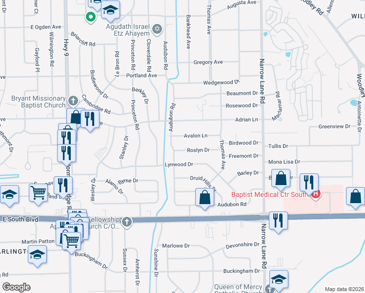 map of restaurants, bars, coffee shops, grocery stores, and more near 1324 Avalon Ln in Montgomery