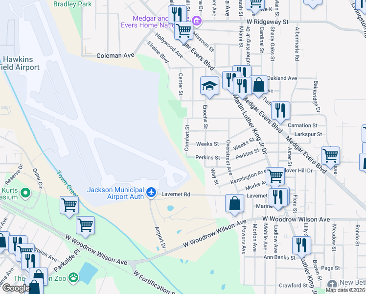 map of restaurants, bars, coffee shops, grocery stores, and more near 2839 Comfort Street in Jackson
