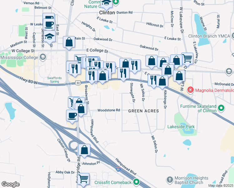 map of restaurants, bars, coffee shops, grocery stores, and more near 121 Woodstone Place in Clinton