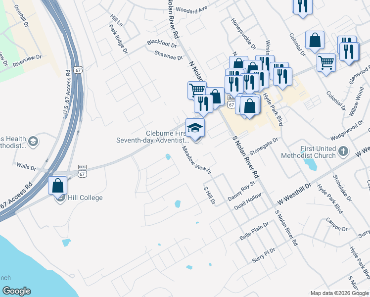 map of restaurants, bars, coffee shops, grocery stores, and more near 111 Meadow View Drive in Cleburne