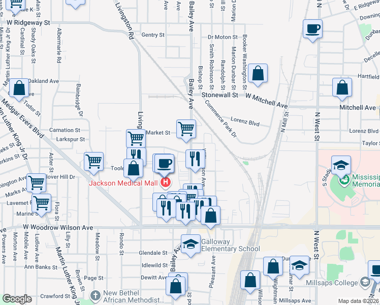 map of restaurants, bars, coffee shops, grocery stores, and more near in Jackson