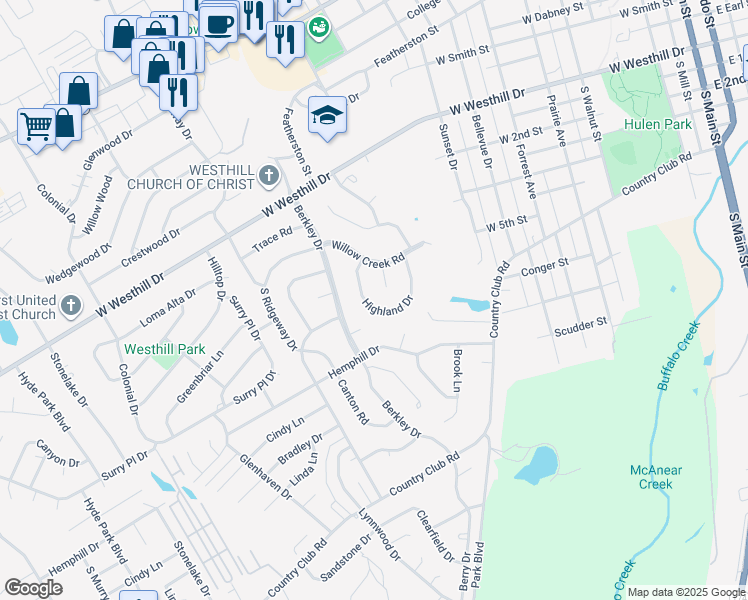 map of restaurants, bars, coffee shops, grocery stores, and more near 906 Highland Drive in Cleburne