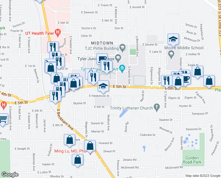 map of restaurants, bars, coffee shops, grocery stores, and more near 1501 East 5th Street in Tyler