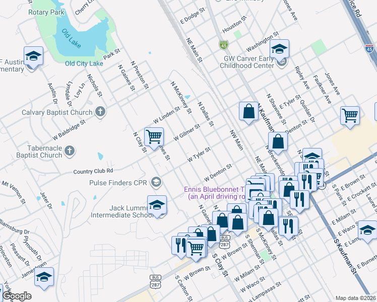 map of restaurants, bars, coffee shops, grocery stores, and more near 809 North Sherman Street in Ennis
