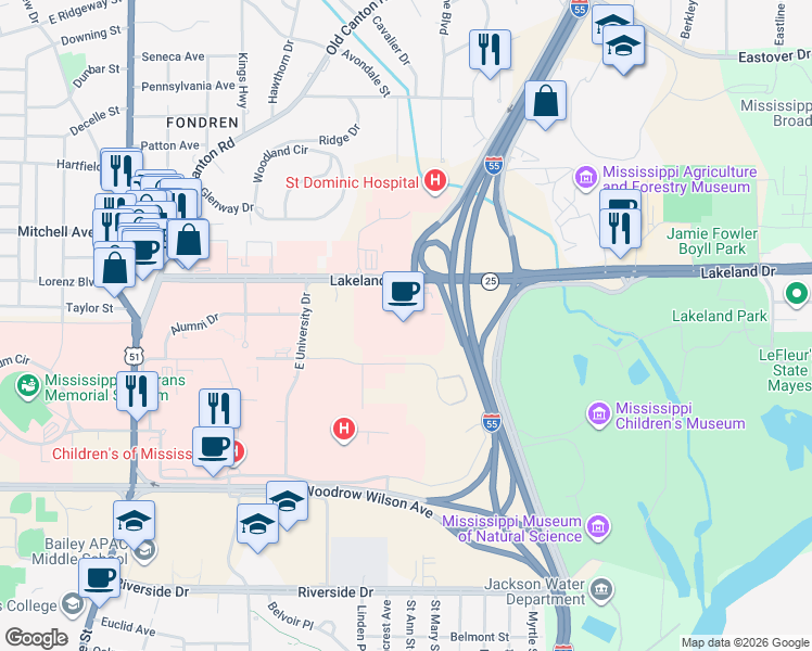 map of restaurants, bars, coffee shops, grocery stores, and more near 969 Lakeland Drive in Jackson
