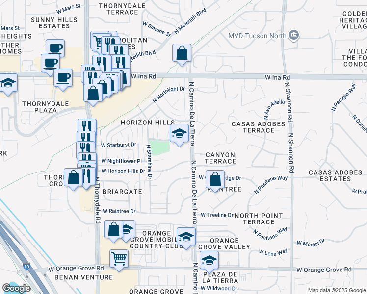 map of restaurants, bars, coffee shops, grocery stores, and more near 6901 North Camino De La Tierra in Tucson