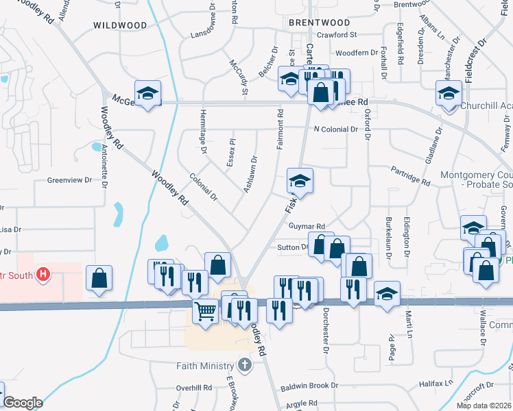 map of restaurants, bars, coffee shops, grocery stores, and more near 2709 Fairmont Road in Montgomery
