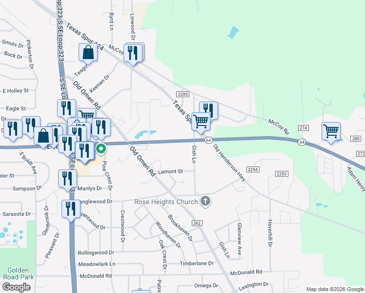 map of restaurants, bars, coffee shops, grocery stores, and more near 3055-3483 East 5th Street in Tyler