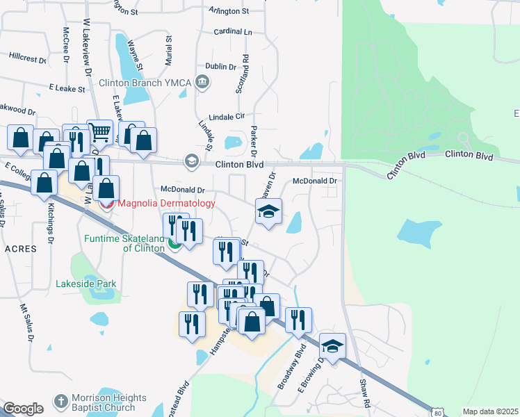 map of restaurants, bars, coffee shops, grocery stores, and more near 201 Easthaven Drive in Clinton