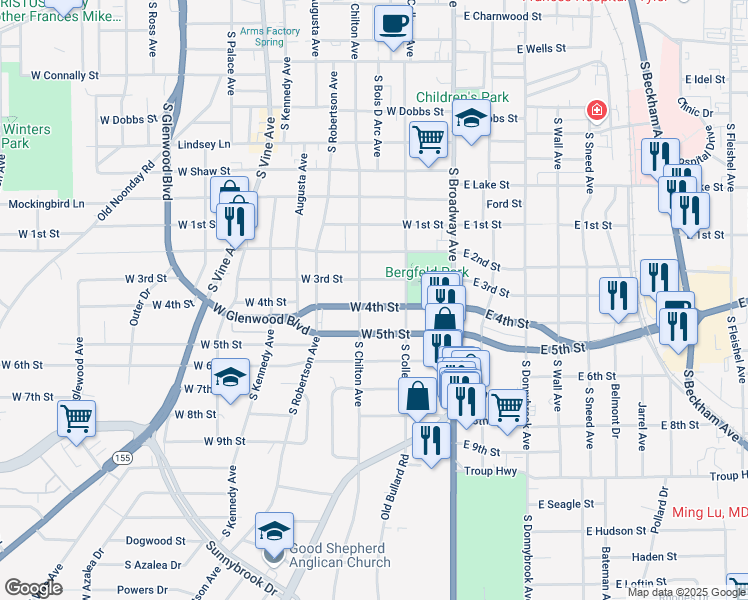 map of restaurants, bars, coffee shops, grocery stores, and more near 401 West 4th Street in Tyler