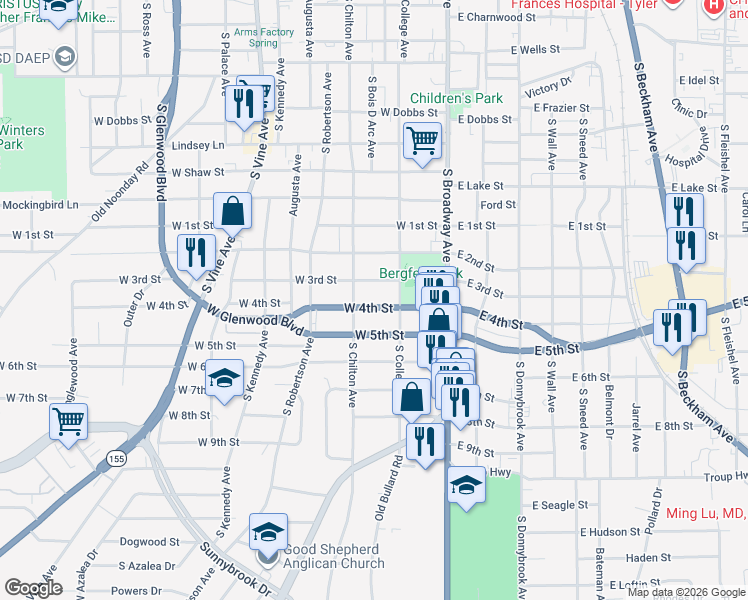 map of restaurants, bars, coffee shops, grocery stores, and more near 325 West 4th Street in Tyler