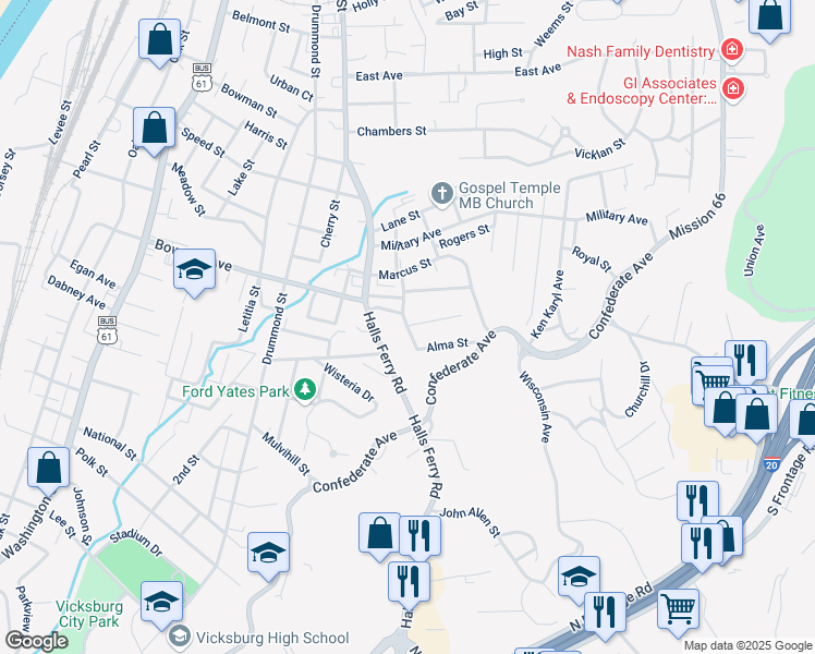 map of restaurants, bars, coffee shops, grocery stores, and more near 1519 Rosedown Street in Vicksburg