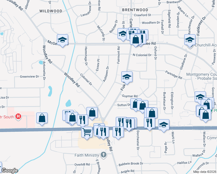 map of restaurants, bars, coffee shops, grocery stores, and more near 2709 Fairmont Road in Montgomery
