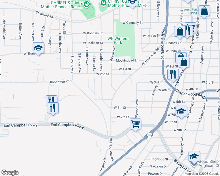 map of restaurants, bars, coffee shops, grocery stores, and more near 1513 South Peach Avenue in Tyler