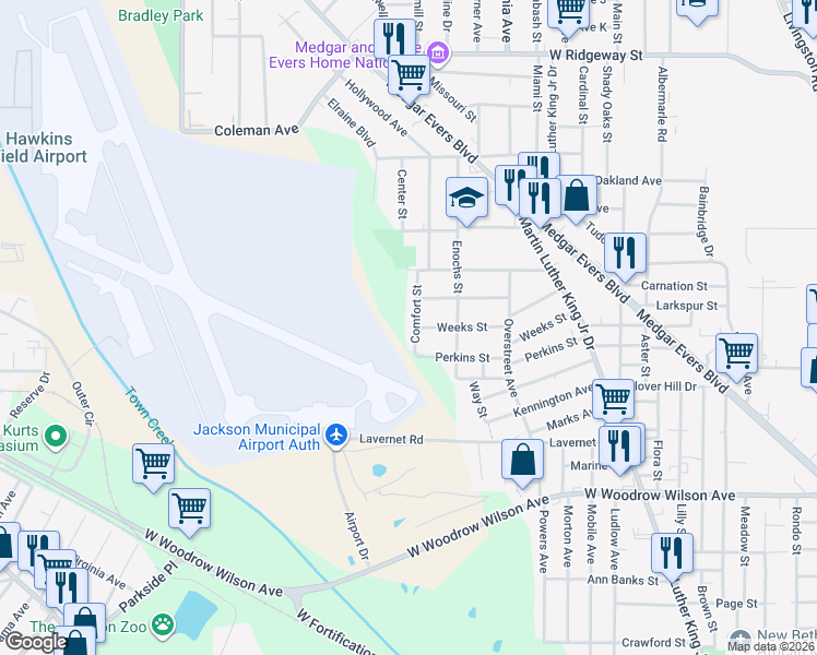 map of restaurants, bars, coffee shops, grocery stores, and more near 2839 Comfort Street in Jackson
